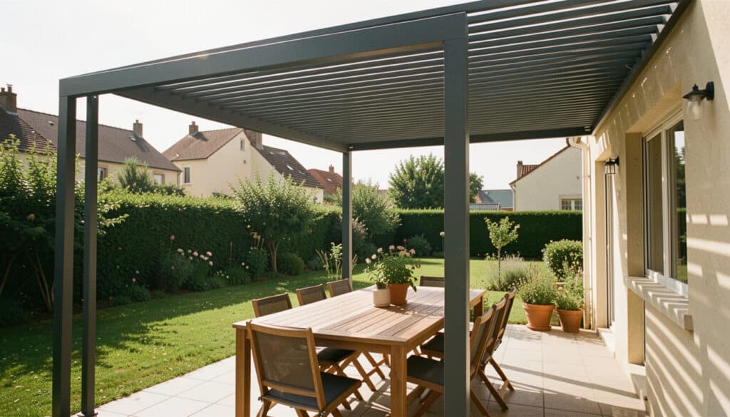 Pergola bioclimatique en aluminium anthracite sur une terrasse
